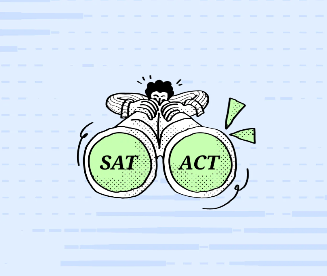 Illustration of a student looking through binoculars with SAT on one lens and ACT on the other