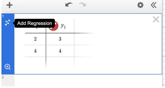 Desmos data table with Add Regression tooltip on the scatter-line icon in the expression sidebar.