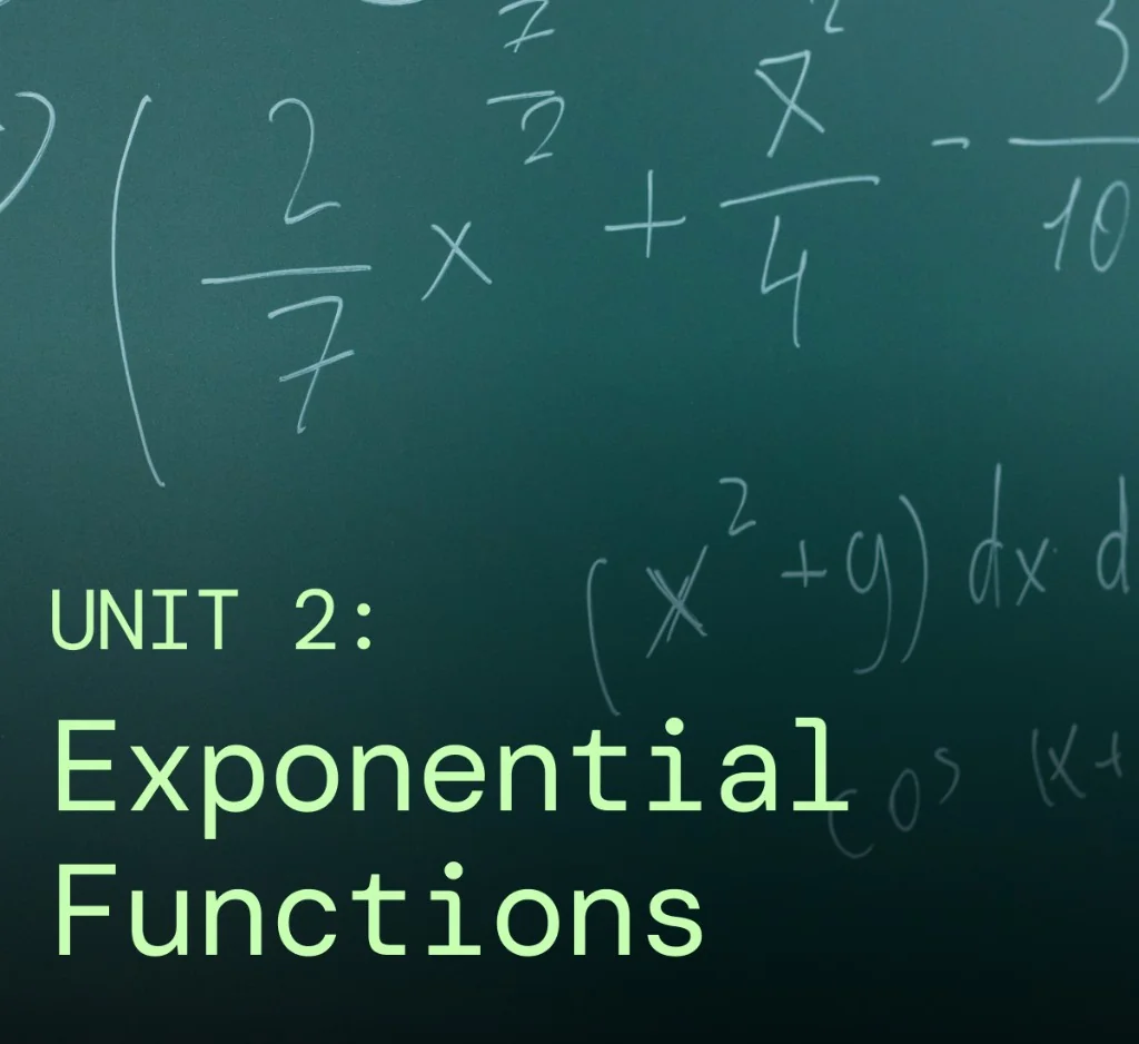 AP Precalculus study graphic for Unit 2: Exponential Functions on a chalkboard-style background