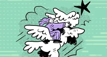 Illustration of a student riding a winged creature toward a star on a mint green background